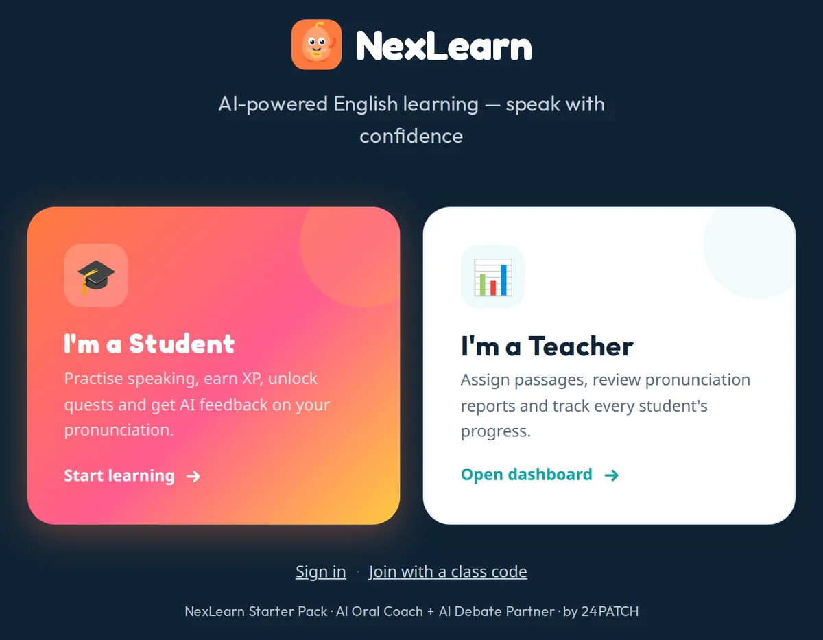 NexLearn sign-in chooser for students and teachers